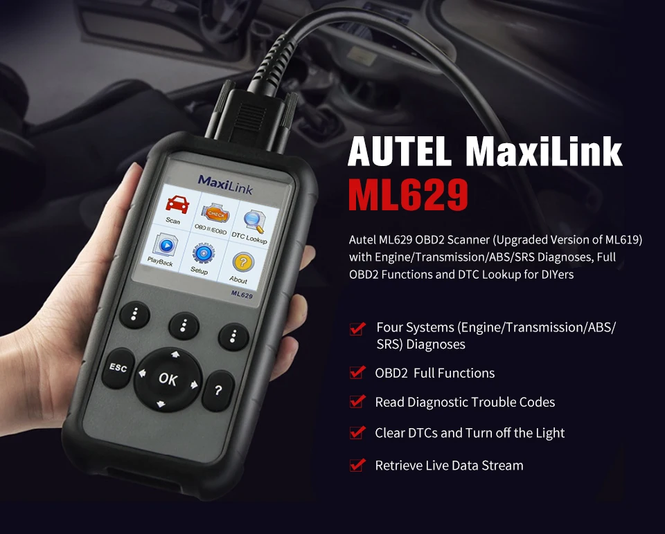 AUTEL MaxiLink ML629 диагностический инструмент OBD2 сканер двигателя автомобильные Инструменты OBDII считыватель кодов ABS SRS обновленная версия ML619