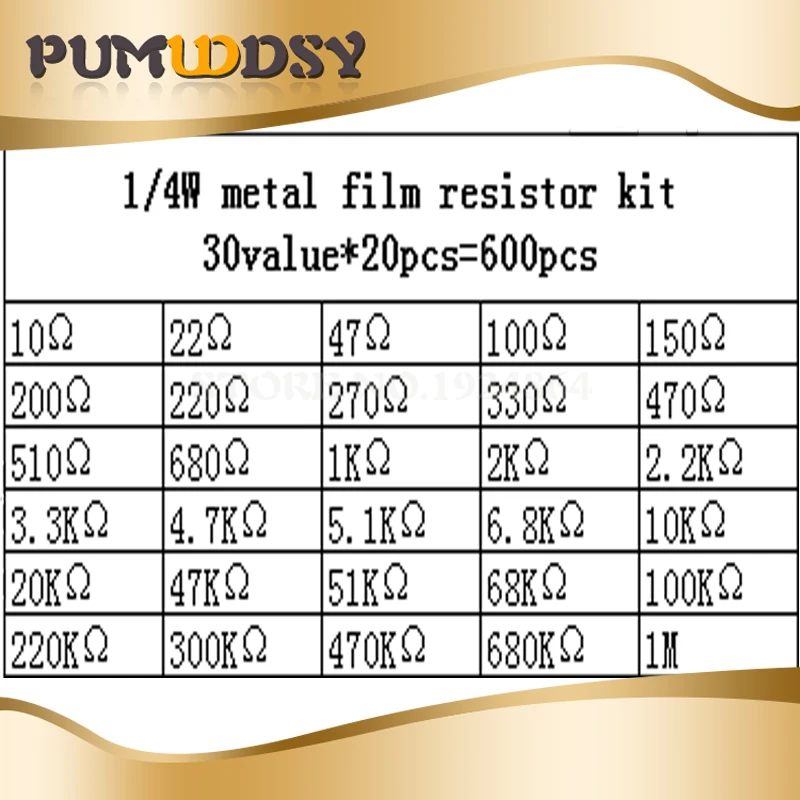 600 шт./компл. 1/4 Вт Сопротивление 1% 30 видов каждое значение металлического пленочного резистора кабельные наконечники в наборе для резисторов