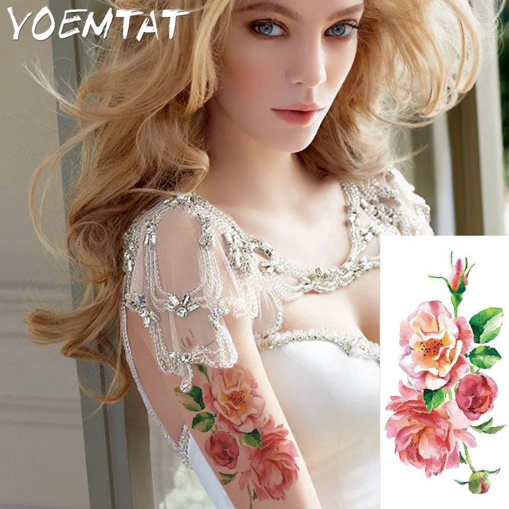 Pink rose cherry blossoms flowers arm shoulder tattoo stickers flash henna tattoo fake waterproof temporary tattoo sticker women