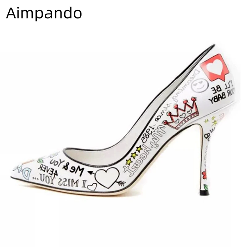 

New Arrival Printed Color Letters Women Pumps Thin High Heel Pointed Shallow Shoes Real Leather Graffiti OL Style Heels Women