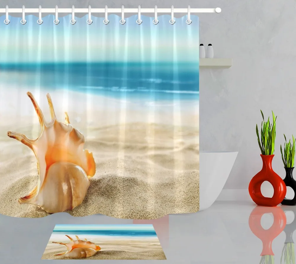 

Blue Sea Gold Beach Conch Unique Shape Cute Shell Shower Curtain Liner And Mat Set Bathroom Waterproof Fabric For Bathtub Decor