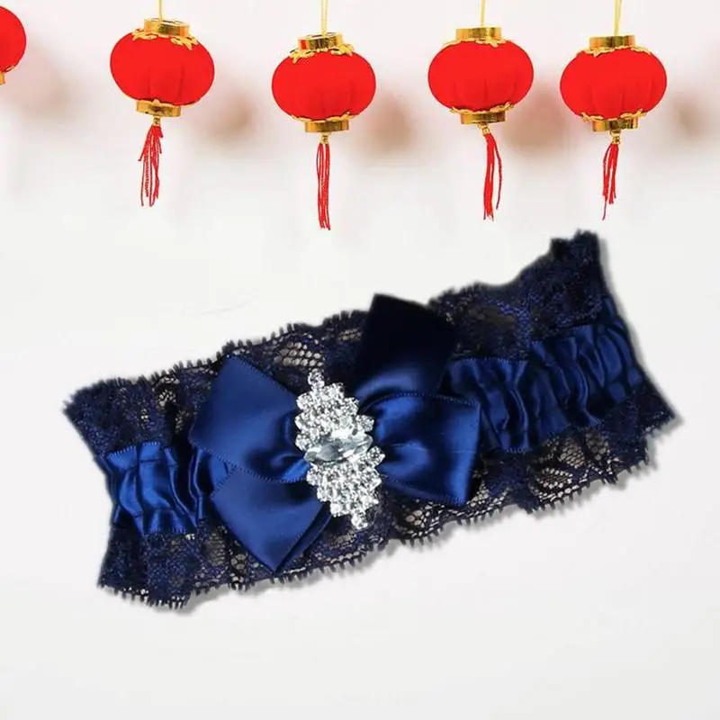Navy Blue Wedding Garters Lace Floal Rhinestone Bowknot Leg Garter For Bridal Female Women Floral Lace Wedding Leg Garters