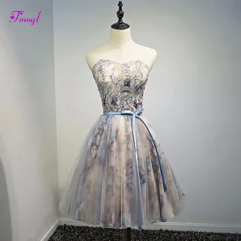 

Fmogl Elegant Strapless Appliques Party Gown Short Homecoming Dresses 2019 Beaded Appliques Celebbrity Dress Short Evening Dress