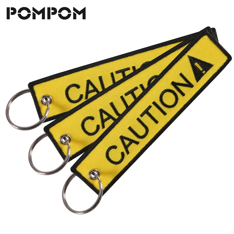 Embroidery-Car-Keychain-CAUTION-Key-chain-yellow-Keyfob-keyring-for-Moto-llavero-coche-Luggage-tags-OEM1
