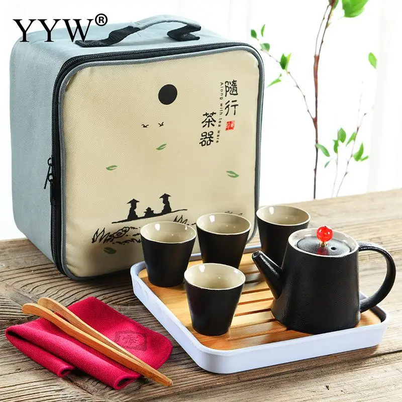 Tea Travel Set Black/White Portable Handmade Tea Pot Cup Set With Travel Bag And Tea Tray Outdoor O