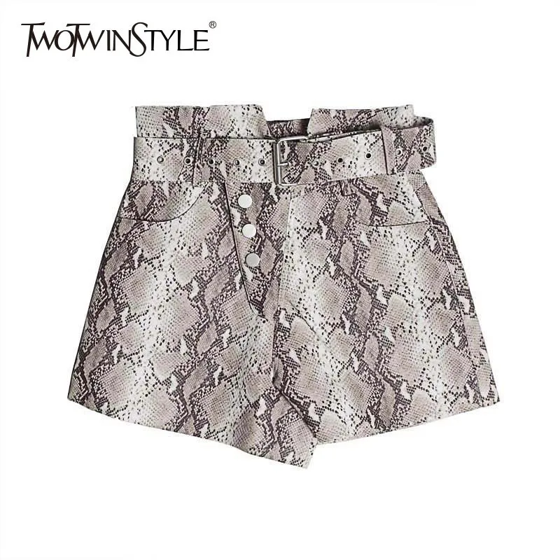 

TWOTWINSTYLE Print Snake PU Leather Women's Shorts High Waist With Sashes Shorts Female Fashion Vintage Summer 2019 Large Sizes