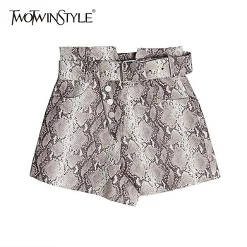 

TWOTWINSTYLE Print Snake PU Leather Women's Shorts High Waist With Sashes Shorts Female Fashion Vintage Summer 2020 Large Sizes
