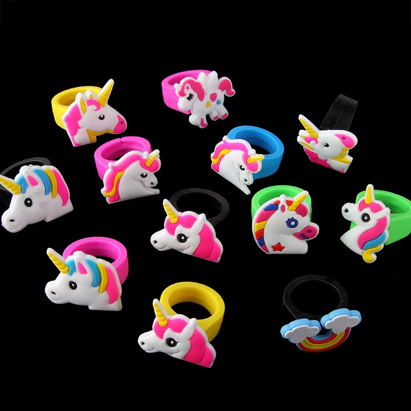 

10pcs Rainbow Unicorn Rings Rubber Toys for Children Birthday Party Unicorn Party Admission Certificate Gift Decoration