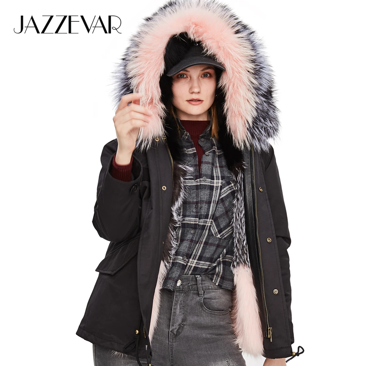 

JAZZEVAR 2019 New Winter High Fashion Women Luxurious Large sliver Fox Fur Military Parka Detachable Lining Short Hooded Coat