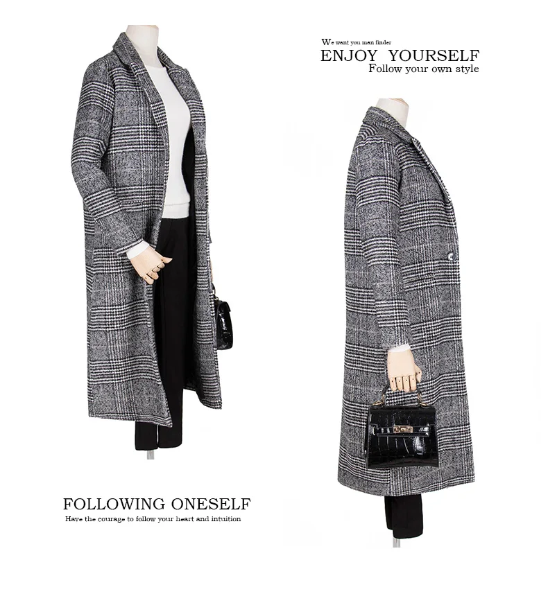 Осень зима шерстяное женское клетчатое длинное пальто с карманами для офиса модное Брендовое Женское пальто с отворотом и длинным рукавом WJ54