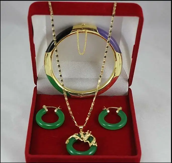 

Fashion jewelry Set AAA Multiclor Jade Pendant Necklace+Bracelet+Earring Set