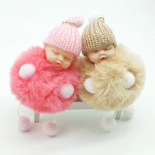 ZOEBER Sleeping Baby Doll Keychain foot doll Pompom fake Rabbit Fur Ball Key Chain Car Keyring Women Key Holder BagCharm jewelry