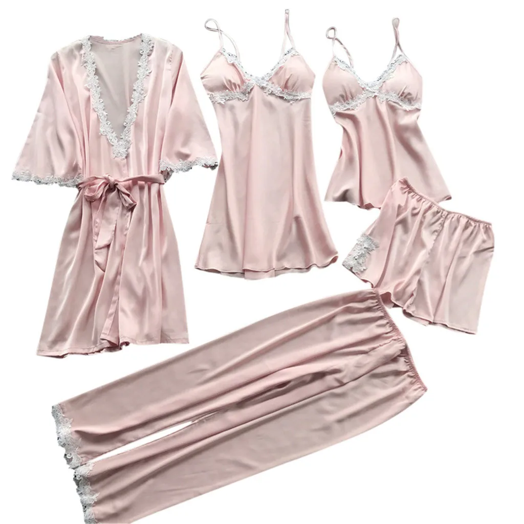 5PCs Women Pajamas Sets Sexy Lace Lingerie Nightwear Underwear Fashion Babydoll Sleepwear Pajamas Suit pijama mujer пижама#15 - Цвет: Розовый