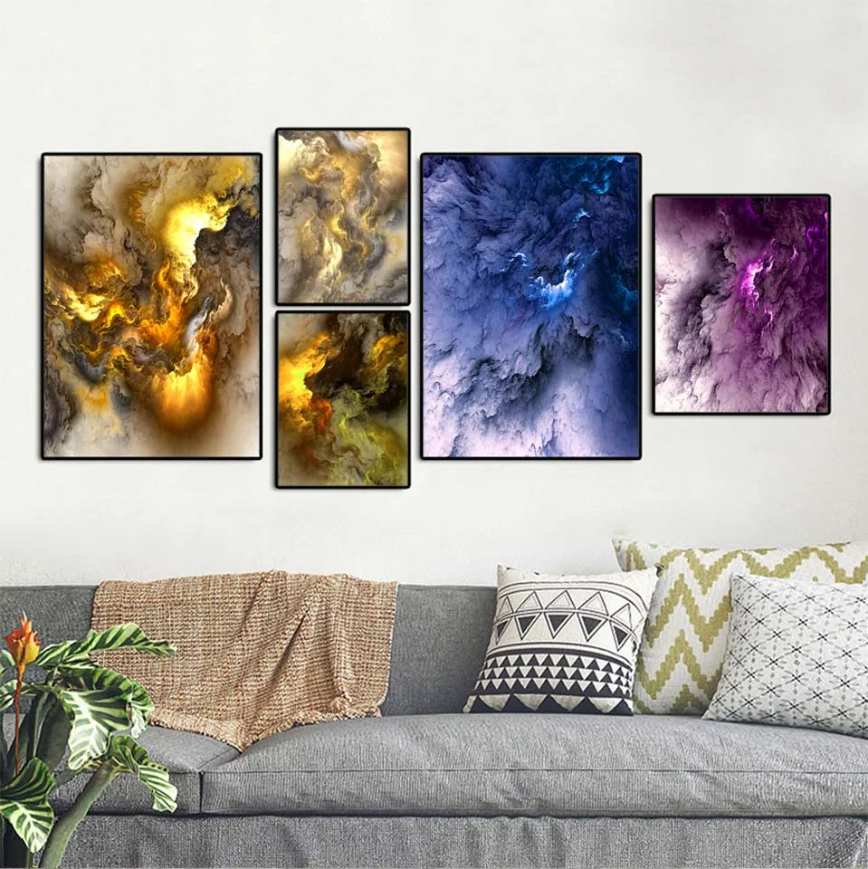 Home-Decoration-Print-Canvas-Nordic-Picture-Wall-Art-Paintings-Oil-Unframed-Drawings-Cloud-chart-Golden-Purple