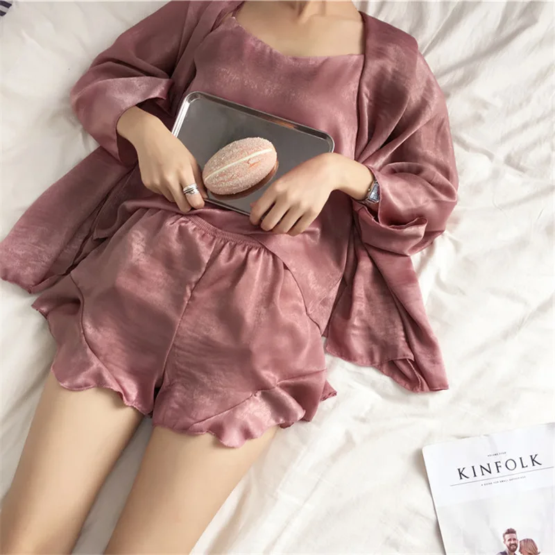 

Spring Summer 2019 New 3 PCS Women Pajamas Sets with Shorts Sexy Pyjama Satin Nightwear Cotton Polyester Sleepwear Pyjama
