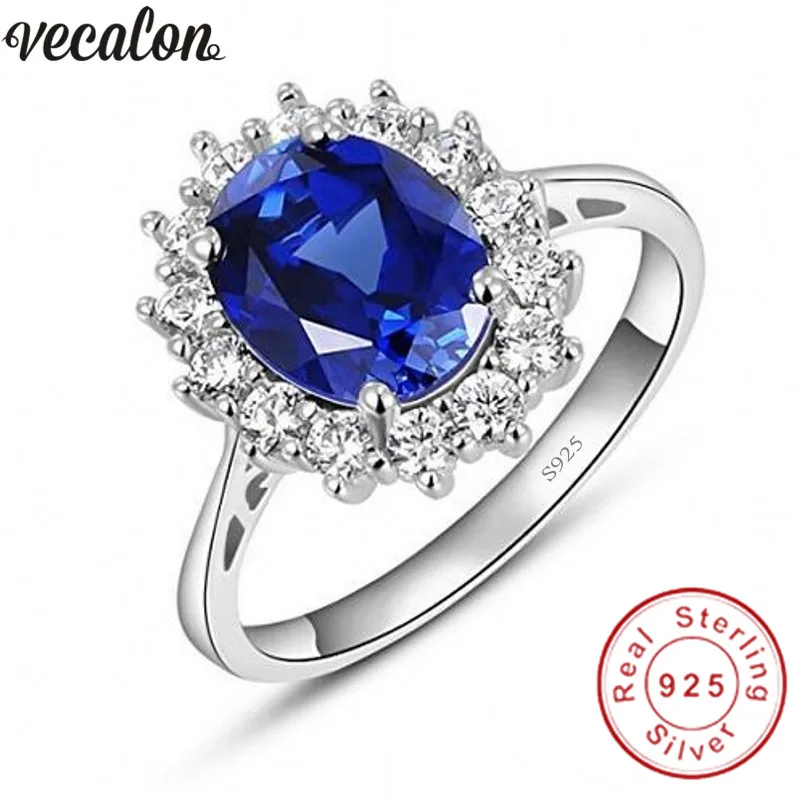 Baratos Anillo de Plata de Ley 925 100% auténtica de joyería fina de Vecalon 5A circonita azul Cz Diana Anillos de Compromiso de boda para mujer de novia