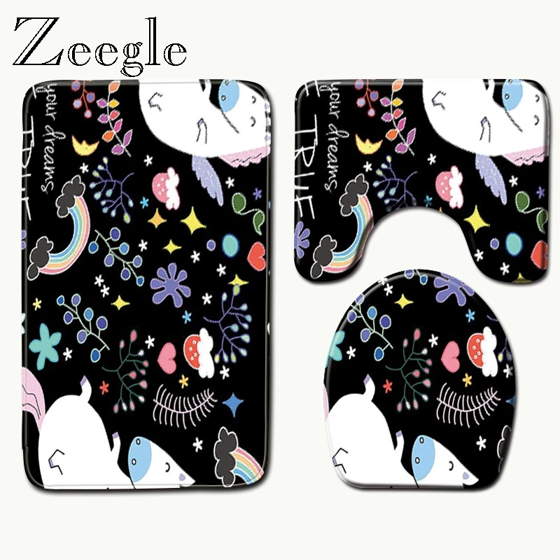 Zeegle 3pcs/set Non-Slip Flannel Bathroom Rug Toilet Lid Cover Bath Mat Cartoon Pattern Floor Memory Foam | Дом и сад