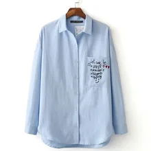 New Fashion Women Embroidery Print Blue Blouses Single Pocket Long Sleeve Turn-down Collar Shirt Casual Brand Tops For Female