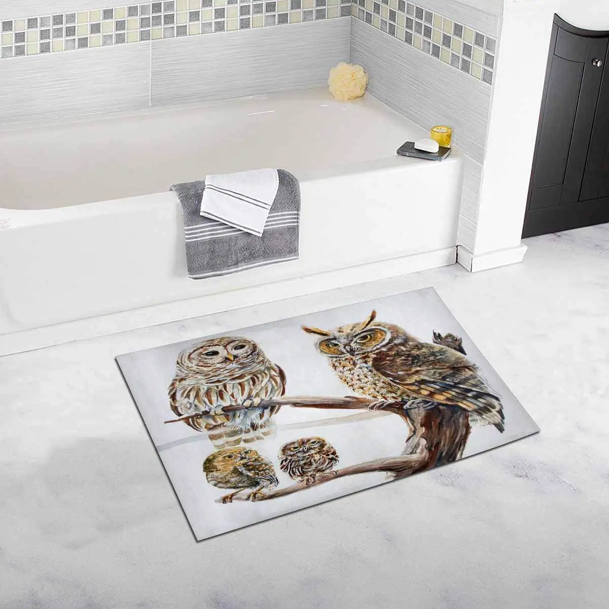 Watercolor Design Hand Draw Realistic Owl Species Illustration Art Print Barred Owl Kitchen Mat