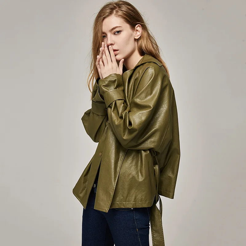FTLZZ, осенняя Женская свободная куртка из искусственной кожи с эффектом потертости, Модные Дизайнерские Пальто ярких цветов с поясом, Женские базовые куртки, верхняя одежда