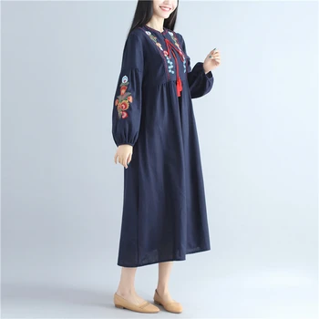 

2018 Spring And Autumn New Loose Vintage Cotton And Linen Embroidery Women Dreses Tassel High Waist Long Dress Womens