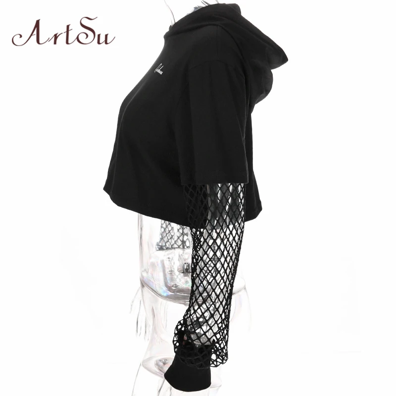 ArtSu 2019 الأسود المحاصيل الأعلى البلوز طويلة الأكمام المرأة هوديس مقنع الشارع الشهير المتناثرة هوديي Kpop هودي ASHO20240