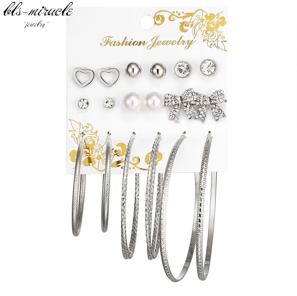 

bls-miracle 1set=9pair jewelry alloy silver color Simulated Crystal Pear Bow shape stud Earring best wholesale E495