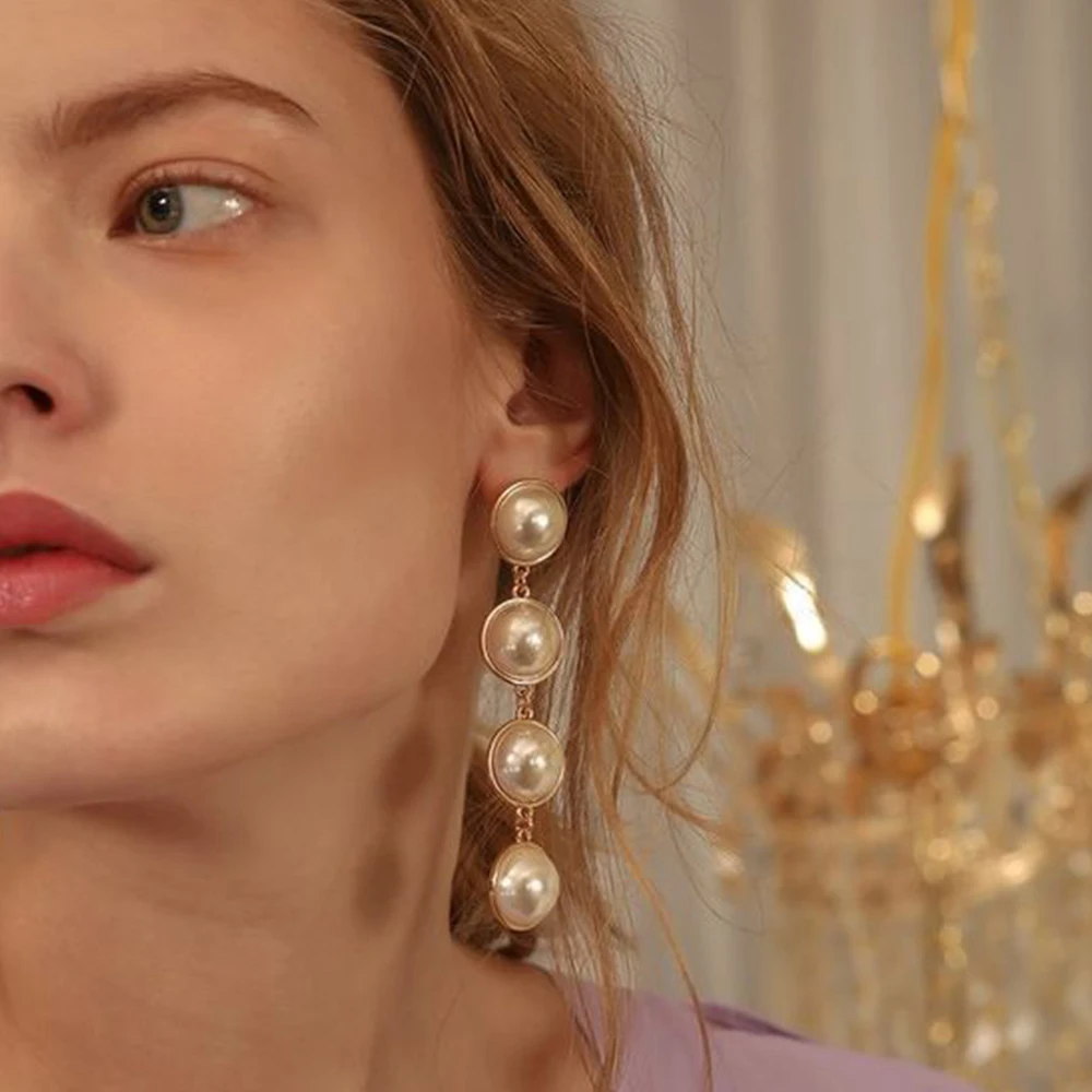 

SEDEX Trendy Elegant Created Big Simulated Pearl Long Earrings Pearls String Statement Dangle Earrings For Wedding Party Gift