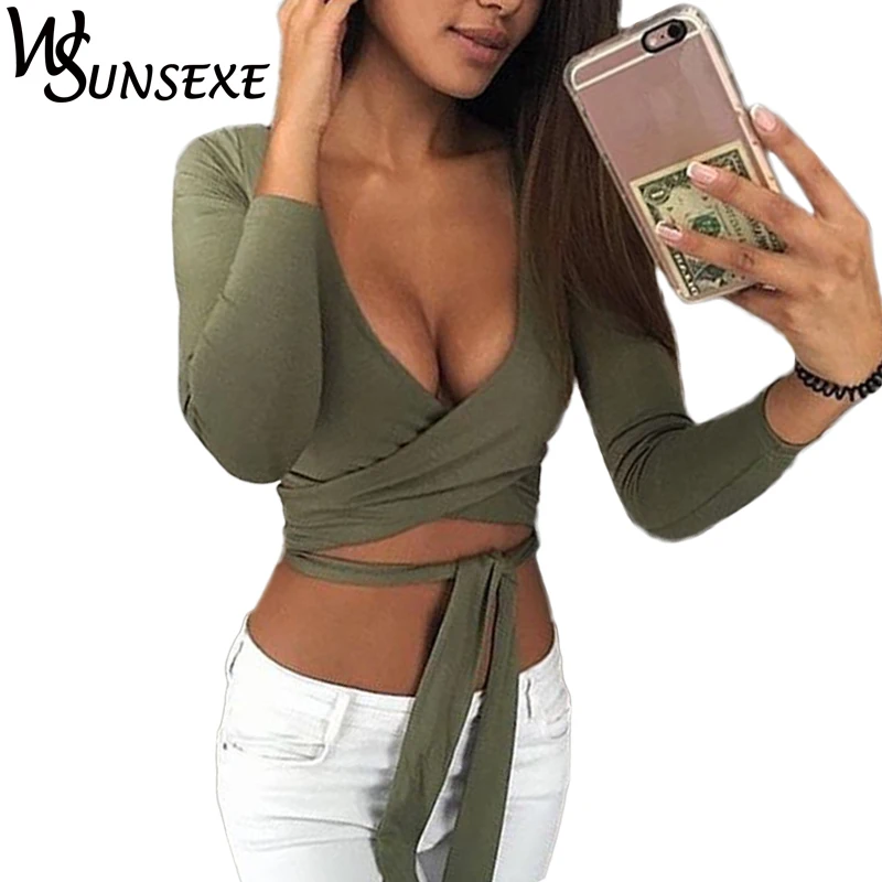 

Fashion Sexy V Neck Women Cross Strap T Shirt Bodycon Long Sleeve 2017 Autumn Casual Lace Up Ladies Slim Bandage Party Crop Tops