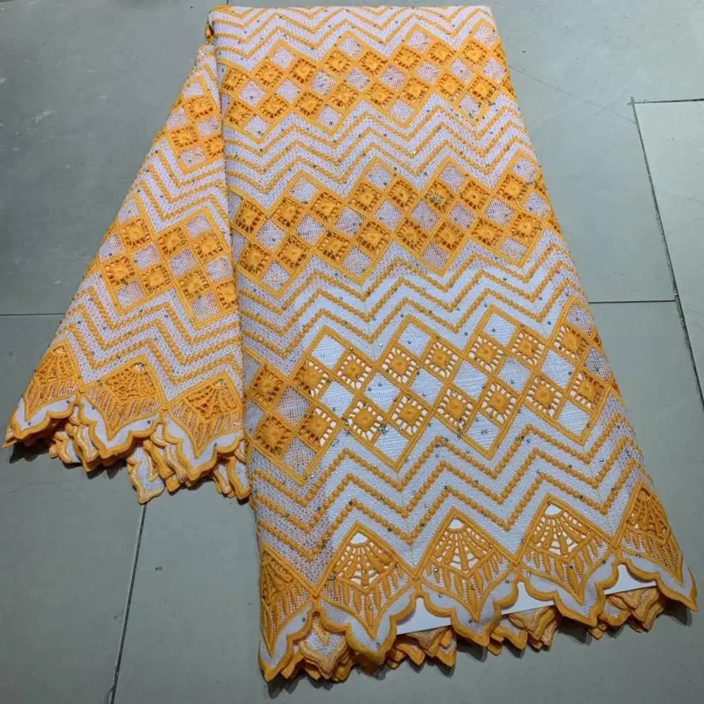 

High Quality African Mesh Lace Fabric 2019 Latest Orange Guipure Embroidery French 100% Cotton Net Lace Fabrics 5Yards/Lot A2274