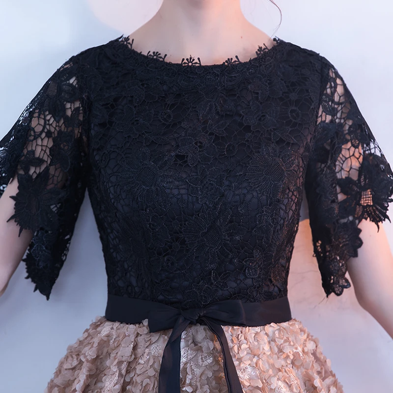 Suosikki/Новинка года; вечернее платье черного цвета с кружевом цвета хаки длиной до середины икры; Длинные вечерние платья на выпускной