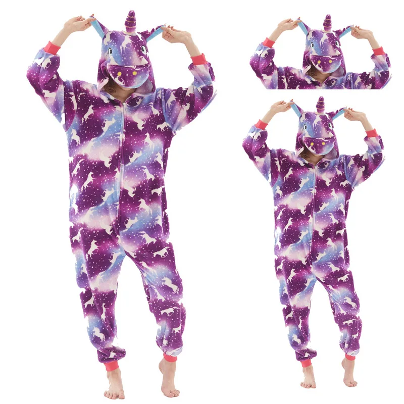 Комплекты пижам с животными для взрослых, пижама с единорогом, зимняя Пижама с акулой, домашняя одежда для вечеринок - Цвет: purple moon unicorn2
