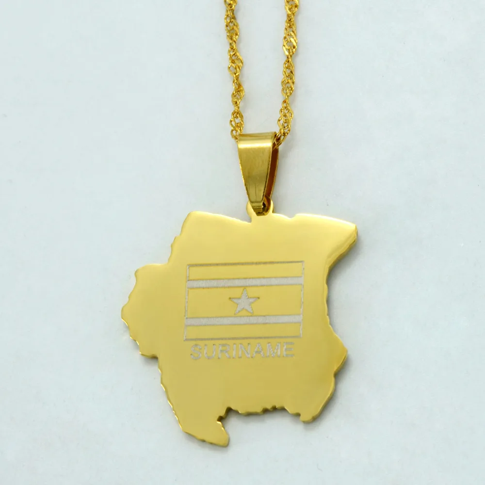 

Suriname Map Flag Gold Color Sranan Charms Pendant Necklaces for Women Men Sarnam Map Jewelry Gifts #J0377