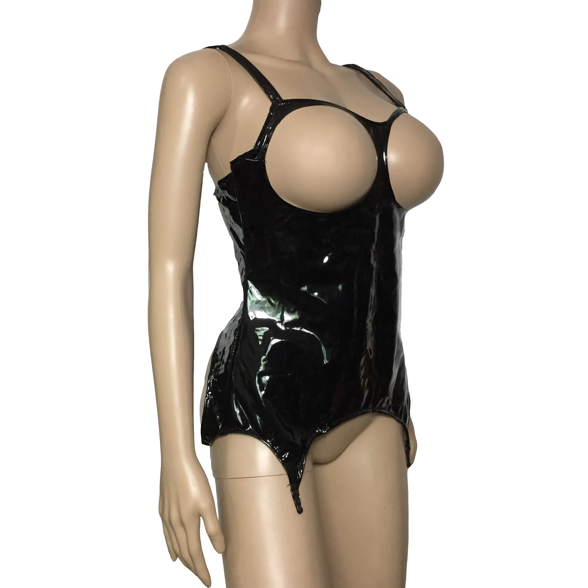 

Women PVC Vinyl Cupless Teddy Lingerie Patent Leather Open Bra Tank Top with Garter Belt Bodysuit Nightclub Costume