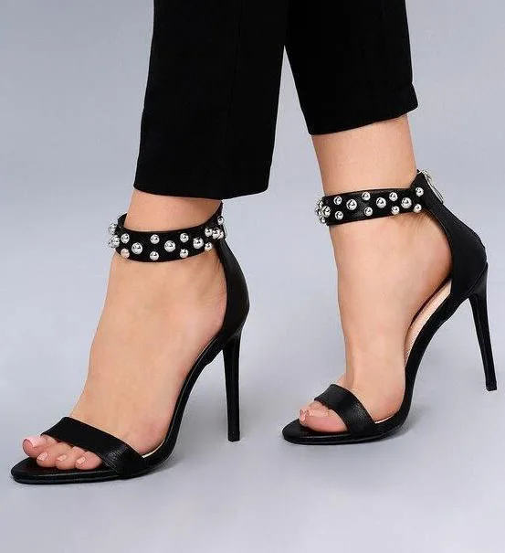 

Moraima Snc Black Leather High heel Sandal Summer Open Toe Rivets Studded Ankle Strap Woman Shoes Sexy Cutouts Dress Heels