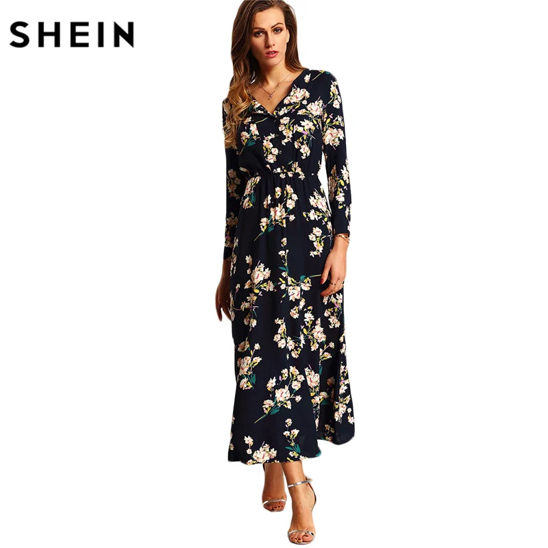 SHEIN New Arrival Boho Women Maxi Dresses Navy V Neck Long Sleeve