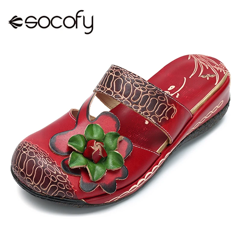 SOCOFY Women Casual Shoes Summer Slipper Handmade Genuine Leather Retro