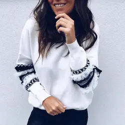 2019 осень с длинным рукавом О-образным вырезом Женские свитшоты свободные белые топы Модные уличные Лоскутные пуловеры толстовка женская