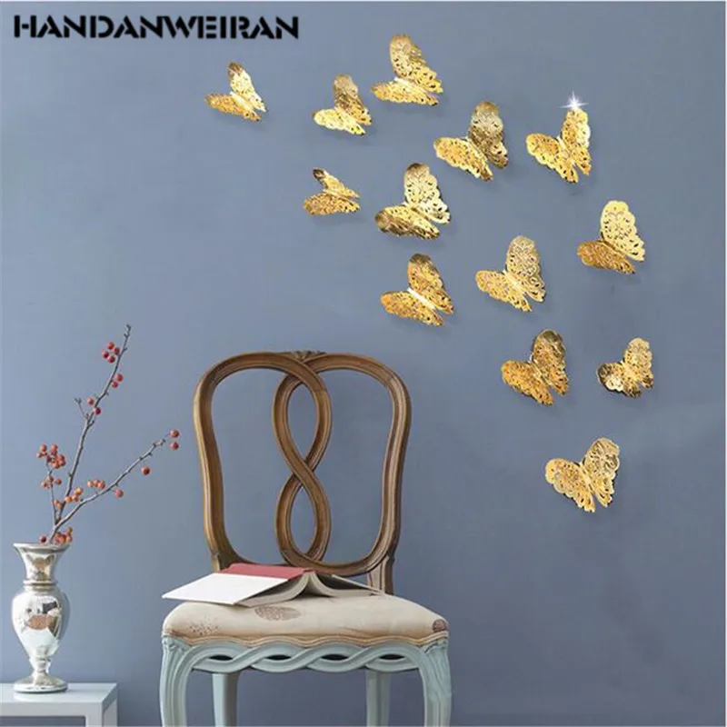 

12pcs 3D metal texture hollow butterfly wall sticker Living room bedroom stereo simulation butterfly decoration hot