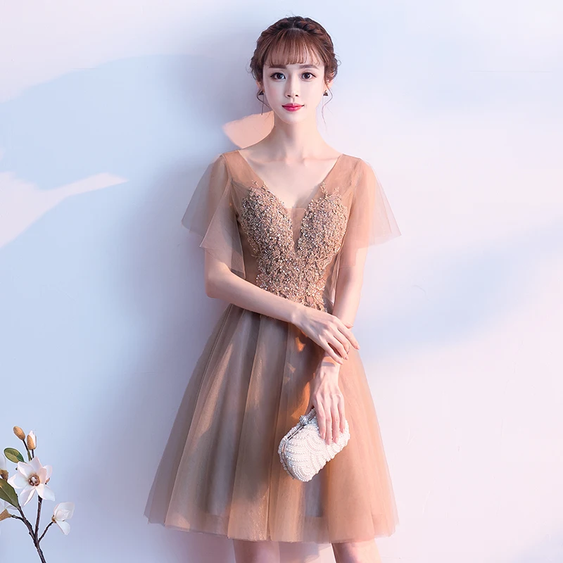 

Women Prom Party Dress 2019 New Elegant A-Line Mini Khaki Lady Cocktail Dresses Short Dresses LF374