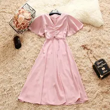 2018 summer new female V-neck Drawstring flare sleeve chiffon A-line dress women's V Collar lace-up waist elegant dress 2018 summer new female V-neck Drawstring flare sleeve chiffon A-line dress women's V Collar lace-up waist elegant dress