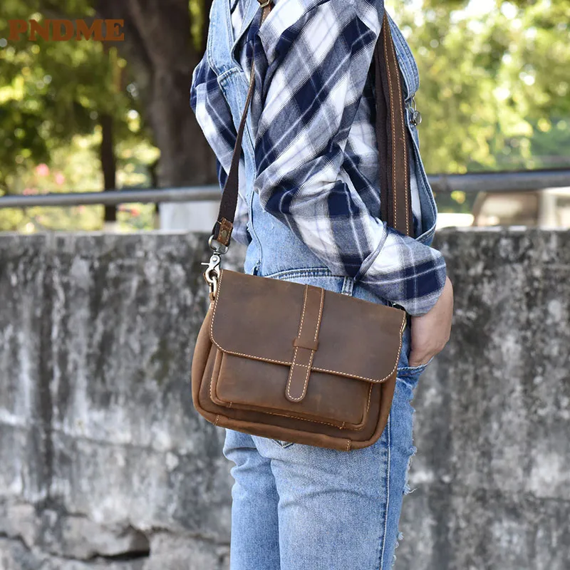 

PNDME vintage crazy horse cowhide ladies shoulder messenger bag Simple high quality genuine leather women small square bag