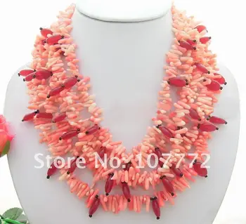 

Beautiful! 5 strands Pink Coral & Red Stone Necklace