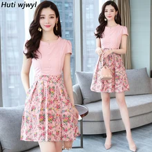 Летнее Новое винтажное хлопковое летнее платье размера плюс с цветочным рисунком корейское пляжное мини-платье в стиле бохо элегантное женское розовое платье с коротким рукавом Vestidos