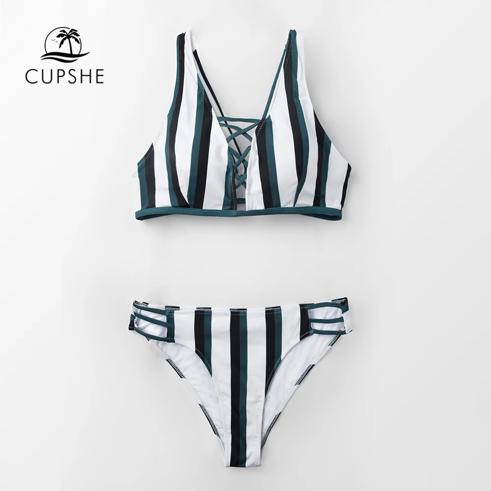 

CUPSHE Sexy Stripe Lace-Up Bikini Sets Women Strappy Two Pieces Swimsuits 2019 Girl Beach Bathing Suits