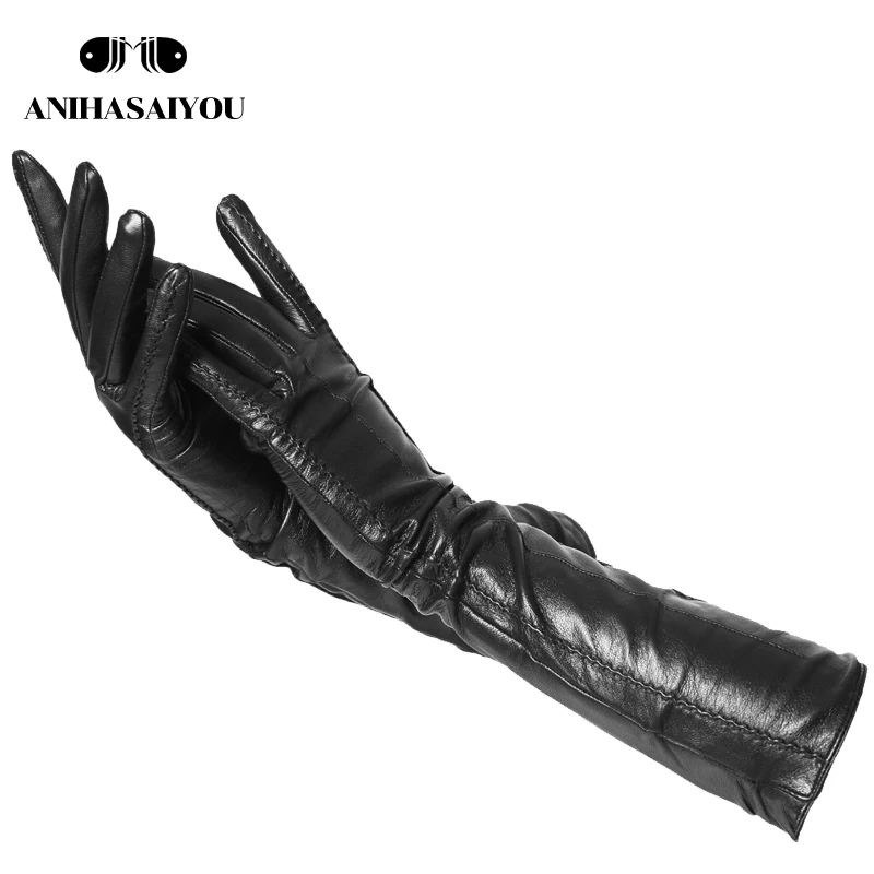 Новые зимние длинные кожаные перчатки, женские длинные перчатки из овчины, теплые длинные кожаные перчатки из натуральной кожи, женские длинные перчатки-CSD-50CM - Цвет: Черный