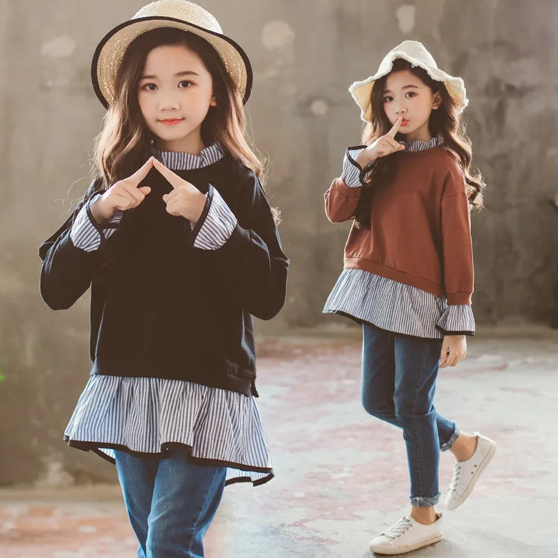 

Toddler Girl Outfits 2019 Striped Patchwork T-shirt Tops Denim Pants Clothes Kids 2 Pcs Autumn Suits Children Outfits Clothing