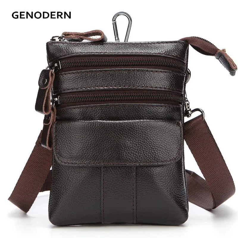 

GENODERN New Genuine Cow Leather Men Waist Pack Fashion Small Men Messenger Bag for Cell Phone & Cigarette Driver License Bag