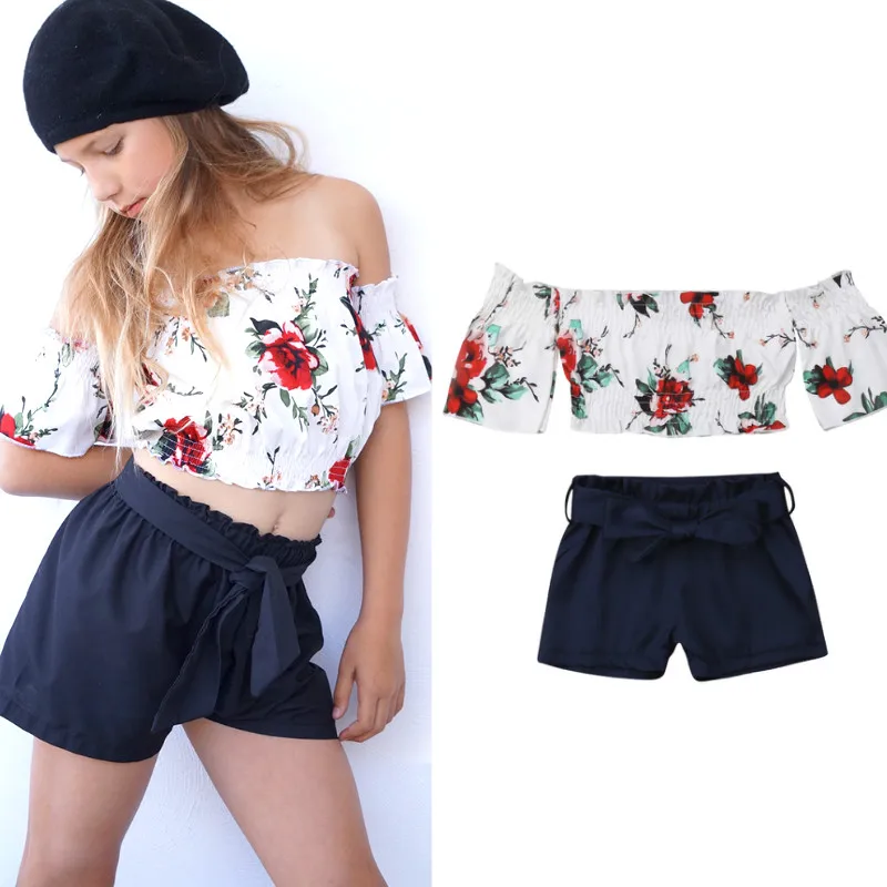 

Summer Toddler Kids Baby Girl Clothes Set Flower Off Shoulder Crop Tops Shorts Outfits Baby Girls Clothing Children Clothes new