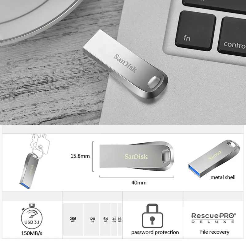 SanDisk ультра роскошный USB 3,1 USB флеш-накопитель 16 ГБ 32 ГБ 64 Гб 128 ГБ флеш-накопитель карта памяти полностью металлическая оболочка